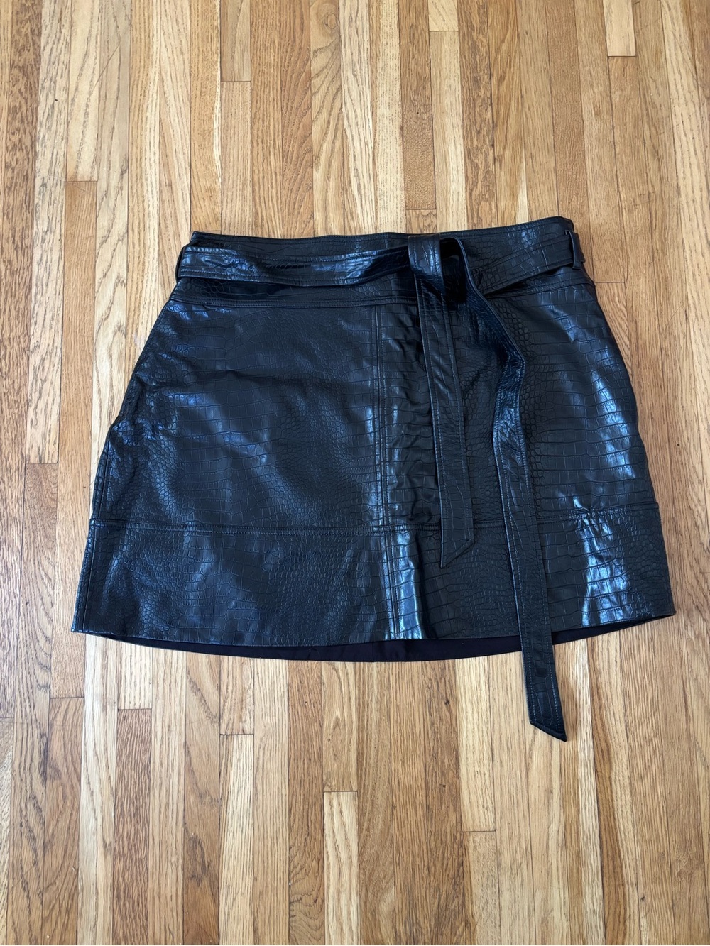 Tanya Taylor Black Faux Croc Mini Skirt with Tie Belt